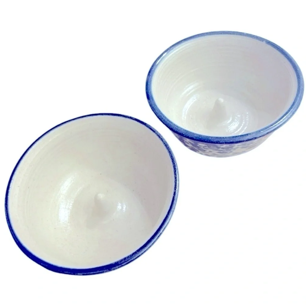 Handmade Pottery Apple Baker Dishes Set of 2 Artist Signed Blue Spongeware